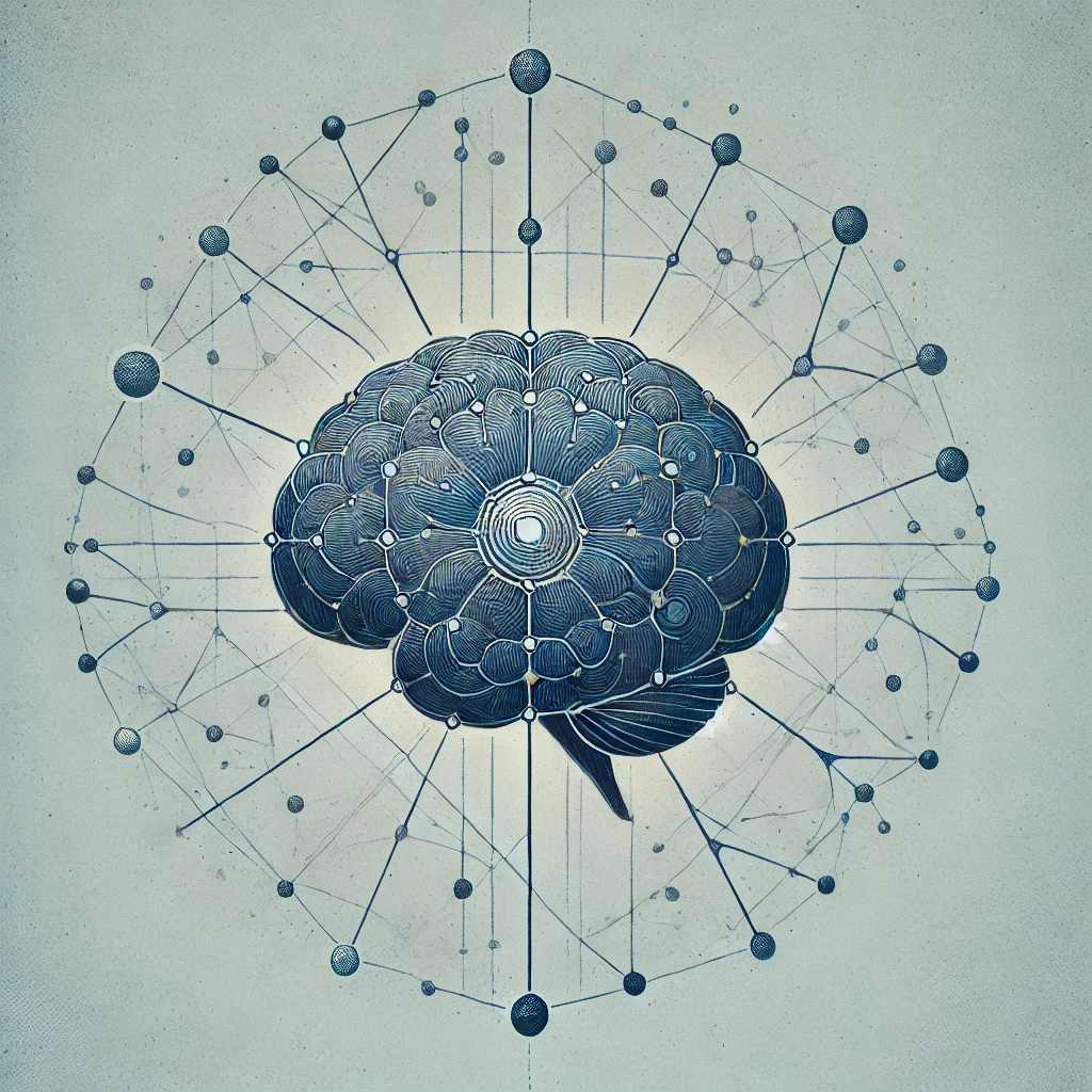 Conceptual illustration of a human brain surrounded by connected nodes representing leadership and neuroscience innovation